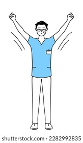 Middle aged, Senior Male nurse, physical therapist, occupational therapist, speech therapist, nursing assistant in Uniform doing radio calisthenics, preparation for accident prevention, Vector Illustr