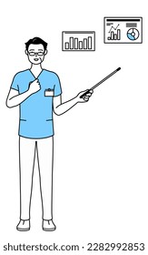 Middle aged, Senior Male nurse, physical therapist, occupational therapist, speech therapist, nursing assistant in Uniform analyzing a performance graph, Vector Illustration