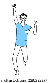 Middle aged, Senior Male nurse, physical therapist, occupational therapist, speech therapist, nursing assistant in Uniform smiling and jumping, Vector Illustration