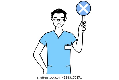 Middle aged, Senior Male nurse, physical therapist, occupational therapist, speech therapist, nursing assistant in Uniform holding a placard with an X indicating incorrect answer, Vector Illustration