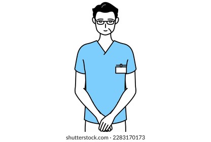 Middle aged, Senior Male nurse, physical therapist, occupational therapist, speech therapist, nursing assistant in Uniform bowing with folded hands, Vector Illustration