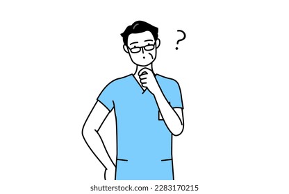 Middle aged, Senior Male nurse, physical therapist, occupational therapist, speech therapist, nursing assistant in Uniform nodding his head in question, Vector Illustration