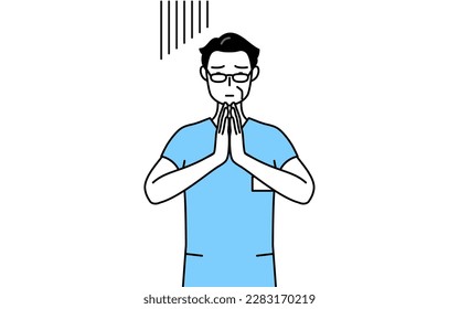 Middle aged, Senior Male nurse, physical therapist, occupational therapist, speech therapist, nursing assistant in Uniform apologizing with his hands in front of his body, Vector Illustration