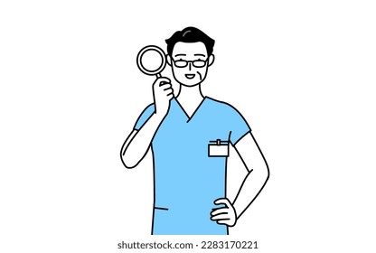 Middle aged, Senior Male nurse, physical therapist, occupational therapist, speech therapist, nursing assistant in Uniform looking through magnifying glasses, Vector Illustration