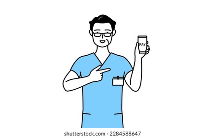 Middle aged, Senior Male nurse, physical therapist, occupational therapist, speech therapist, nursing assistant in Uniform recommending cashless online payments on a smartphone, Vector Illustration