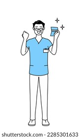 Middle aged, Senior Male nurse, physical therapist, occupational therapist, speech therapist, nursing assistant in Uniform who is pleased to see a bankbook, Vector Illustration