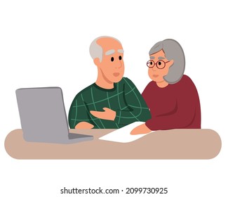Middle aged senior old couple holding documents reading paper bills paying bank loan online, calculating pension fees, payments, taxes, planning family retirement money finances using laptop. Vector