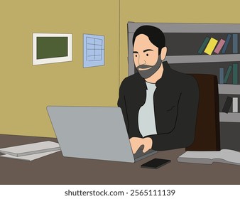 Middle aged serious professional business man investor working with online ai solutions looking at computer in office. Busy older mature businessman entrepreneur sitting at desk using laptop vector.