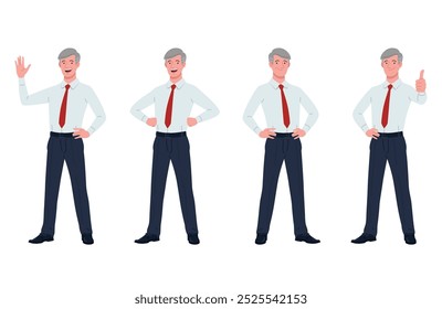 Hombre de negocios blanco de mediana edad en camisa y corbata roja en diversas posturas. Hola, manos en las caderas, pulgares arriba. Liderazgo, Emprendedor, Corporativa, Jefe, Negocio, Ejecutivo, CEO. Capas de pie de fondo blanco