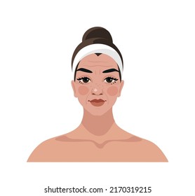 Mujer de edad media con edad cambia icono de dibujo plano aislado en blanco. Retrato femenino para publicidad cosmética, tratamientos de belleza, inyecciones de belleza. Ilustración vectorial de un salón de belleza.