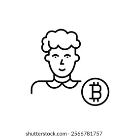 Middle aged woman and bitcoin symbol. Cryptocurrency users of all ages. Accessibility for all demographics. Pixel perfect vector icon