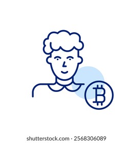 Middle aged woman and bitcoin symbol. Cryptocurrency users of all ages. Accessibility for all demographics. Pixel perfect, editable stroke icon