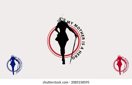 middle aged woman carrying stick in circle background. abstract flat design vector logo icon.