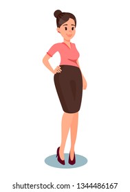 Middle Aged Woman in Formal Clothes Illustration. Lady Boss Standing Holding Hand on Hip. Female Employer, Office Worker Character. Asian Fashion Model. Woman Vector Clipart. Smiling Secretary