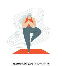 Middle aged woman with grey hair exercising yoga. Vector art, modern character design. Concept for active single independent adult woman enjoying her life and fitness activity.