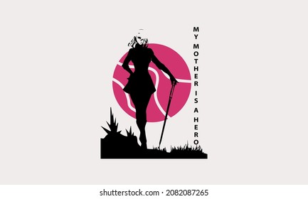 middle aged woman holding stick on pink circle background. abstract flat design vector logo icon.