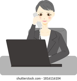 Middle aged woman  with Laptop Computer, Talking to Someone on Phone.