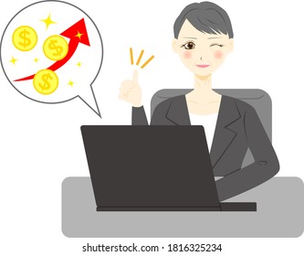 Middle aged woman with laptop and dollar coins. Go up