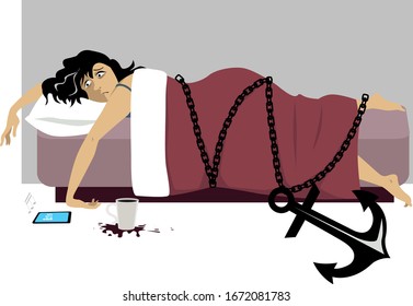 Middle aged woman lying in bed chained to an anchor representing an extreme fatigue, EPS 8 vector illustration