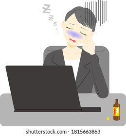 Middle aged woman sleeping with laptop hard working day.