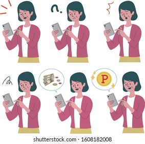 middle aged woman smartphone emotion illustration set