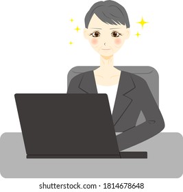 Middle aged woman using computer. Vector illustration