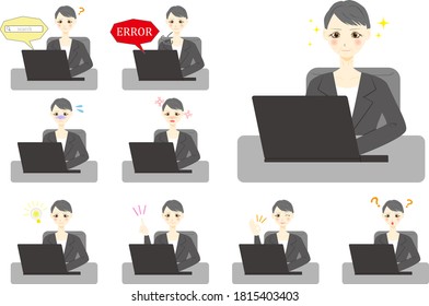 Middle aged woman using computer. Female facial expression set.