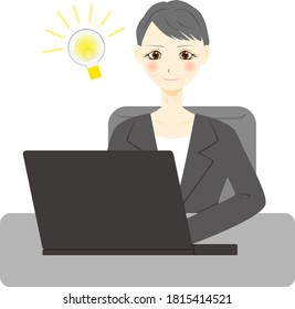 Middle aged woman using computer. Vector illustration