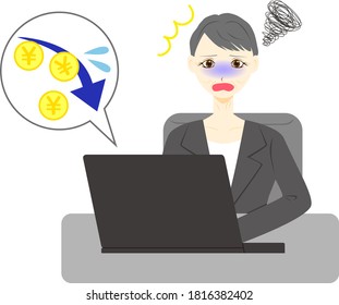 Middle aged woman using computer. 
Yen arrow down rate decrease price value finance.