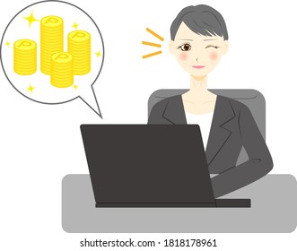 Middle aged woman using computer. Point increase.