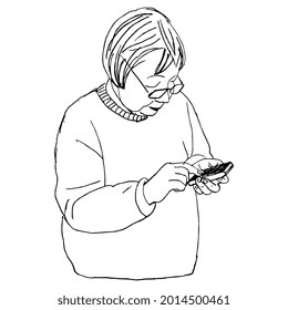 Middle Aged Woman Wearing Glasses Holding A Cellphone. Black And White Linear Silhouette. Hand Drawn Sketch.