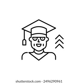 Middle aged woman wearing graduation hat and gown and arrows up. Ongoing personal growth and benefits of continuous education. Pixel perfect, editable stroke icon