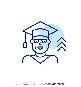 Middle aged woman wearing graduation hat and gown and arrows up. Ongoing personal growth and benefits of continuous education. Pixel perfect vector icon