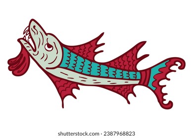 Middle ages bestiary style aquatic beast dragon fish doodle. Perfect for tee, sticker, card, poster. Hand drawn isolated vector illustration.



