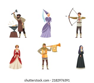 Middle Ages Character with Archer with Bow, Nun in Gown and Blacksmith with Hammer Vector Illustration Set