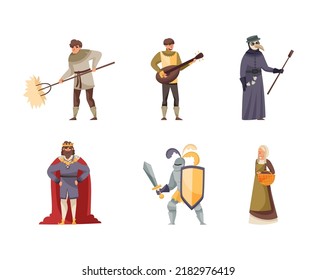 Middle Ages Character with Bard Playing Lute, Knight with Sword and King in Mantle Vector Illustration Set