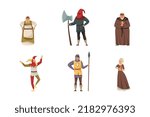 Middle Ages Character with Jester, Countrywoman and Priest Vector Illustration Set