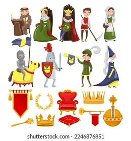 Middle Ages Character with King, Queen, Knight and Symbols of Monarch Power Big Vector Set