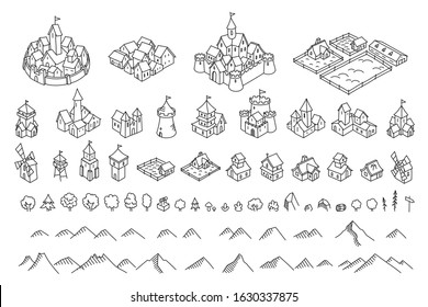 Middle Ages city map kit. Buildings set. Medieval fantasy sketch. Mountains and trees. Selection for board game. Hand drawn vector black line. svg