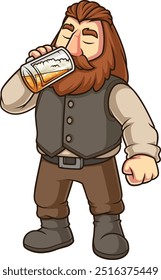 Middle ages dwarf with closed eyes as he drinks beer vector illustration