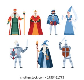 Middle ages fairy tale people characters, flat vector illustration isolated.