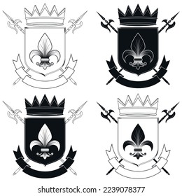 Middle ages heraldic shield vector design, coat of arms with fleur de lis heraldic symbol, with halberd, crown and ribbon