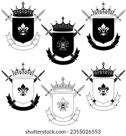 Diseño vectorial de escudo heráldico de la Edad Media, escudo de armas con símbolo heráldico fleur de lis, con coronas y espadas