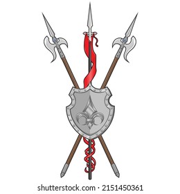 Diseño vectorial de escudo herálico de la Edad Media, escudo de armas con símbolo heráldico de fleur de lis, con halberd y lanza con inclinación