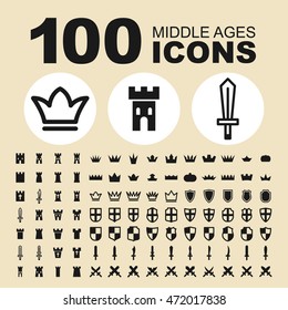 Middle Ages icons. King and crown pictogram. Tower vector graphic. Sword design collection. Shield web objects.