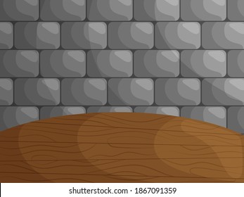 Interior de la Edad Media. Materiales naturales. Gran mesa de madera limpia y vacía. Muro de piedra en el fondo. La luz viene del lado derecho. Ilustración de estilo plano.