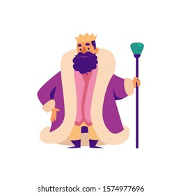 Middle Ages king is fairy tale character in crown and mantle. Cartoon fantasy bearded fat king for games flat vector illustration isolated on white background.