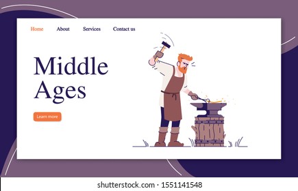 Middle ages landing page vector template. Historical website interface idea with flat illustrations. Old time crafts homepage layout. Medieval professions web banner, webpage cartoon concept