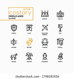 Middle ages - line design style icons set. History and Medieval period, history idea. Crown, castle, shield, flag, blow and arrow, cup, sword, helmet, throne, scroll, horse, jester, princess, knight
