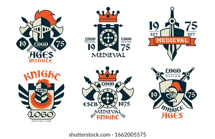 Middle Ages Logo Design Collection, Medieval Knight Premium Club Badges Vector Illustration on White Background